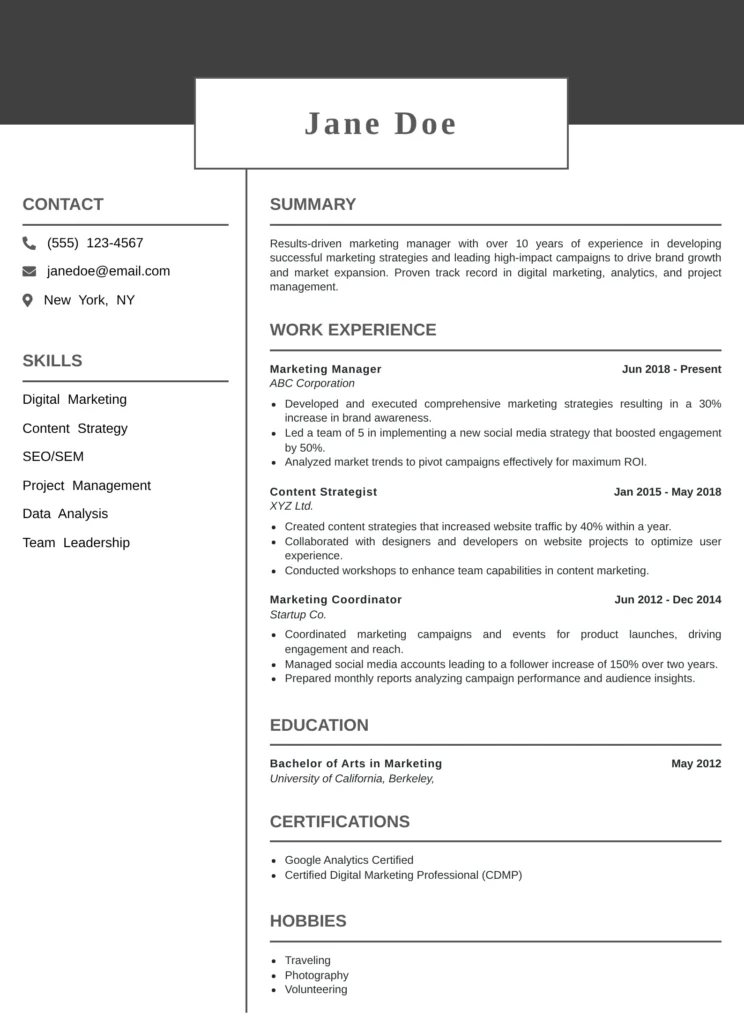 Unique skills for resume example for an experienced marketing professional showing technical, AI, and leadership skills.
