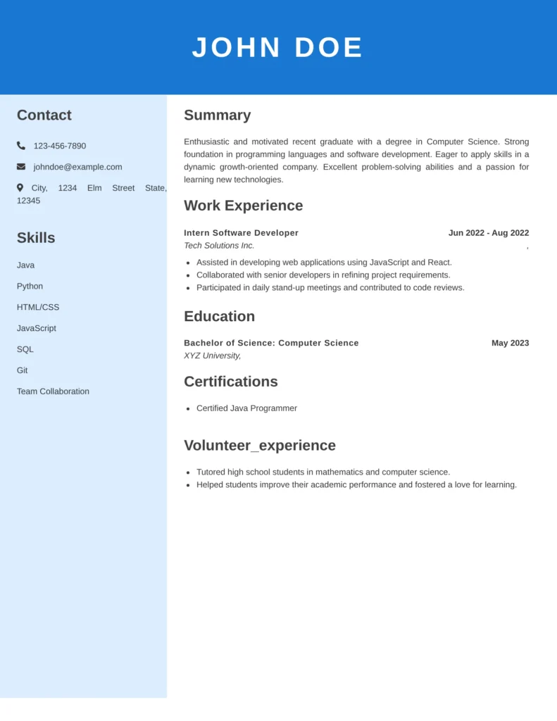 Unique skills for resume example for a student or fresher highlighting technical skills, projects, internship experience, and certifications