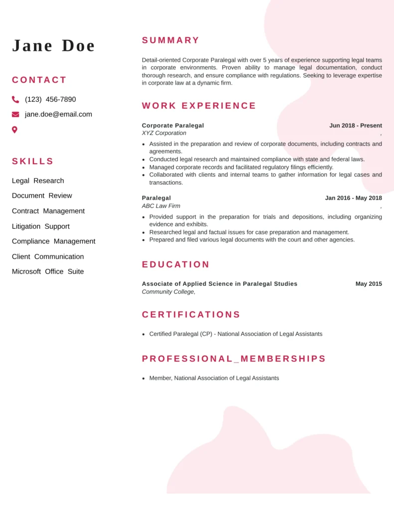 Corporate paralegal resume example highlighting contract management, corporate governance, due diligence, and legal documentation skills.