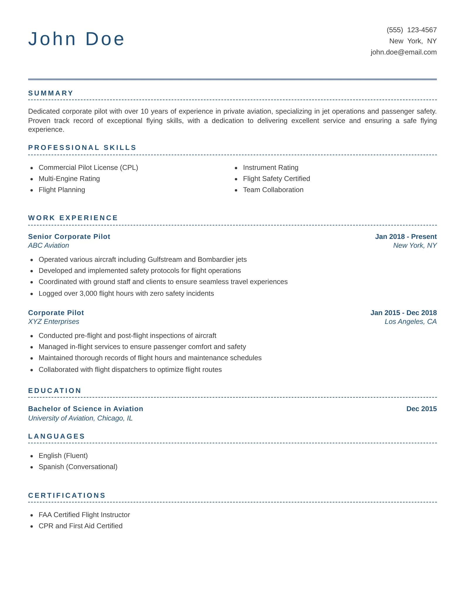 corporate-pilot-resume