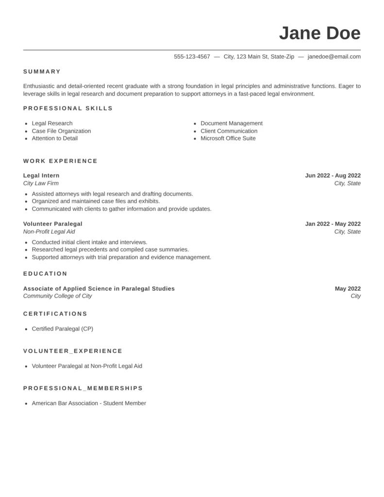 ntry-level paralegal resume example highlighting education, legal skills, internships, and relevant coursework.