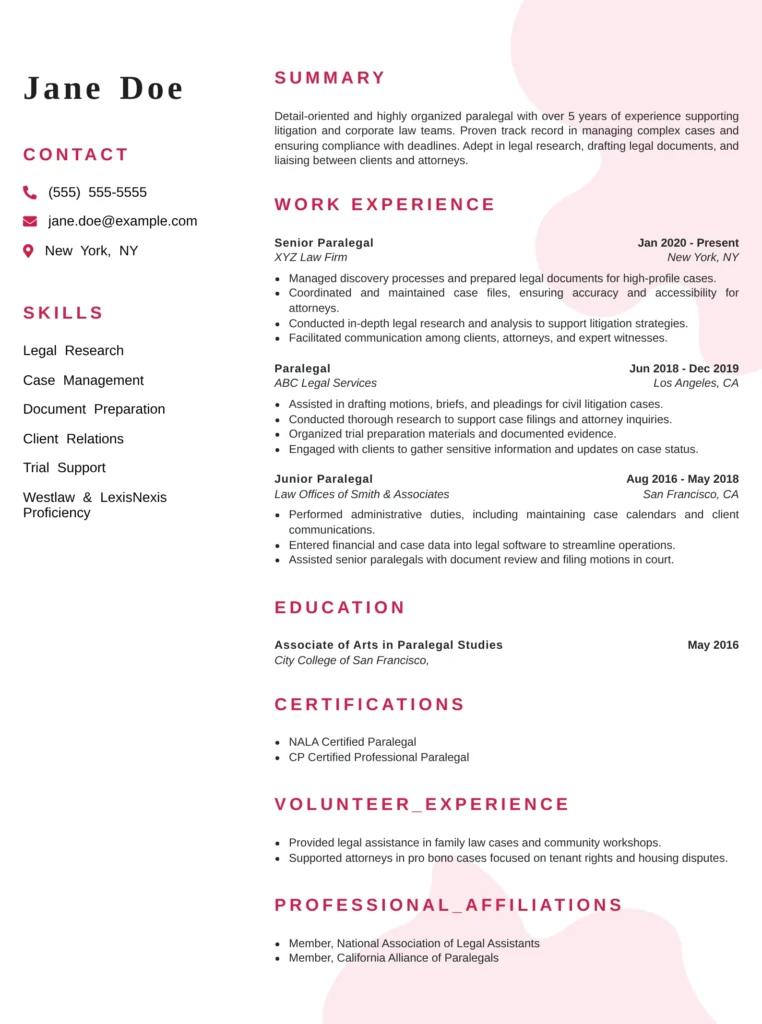 Experienced paralegal resume example showcasing legal experience, case management, research, and professional accomplishments.