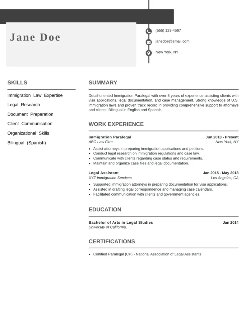 Immigration paralegal resume example showcasing client intake, immigration documentation, petition preparation, legal research, and case management skills.