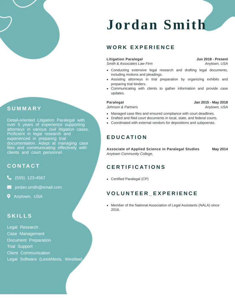 Litigation paralegal resume example featuring legal research, discovery, court filings, case management, and trial preparation skills.