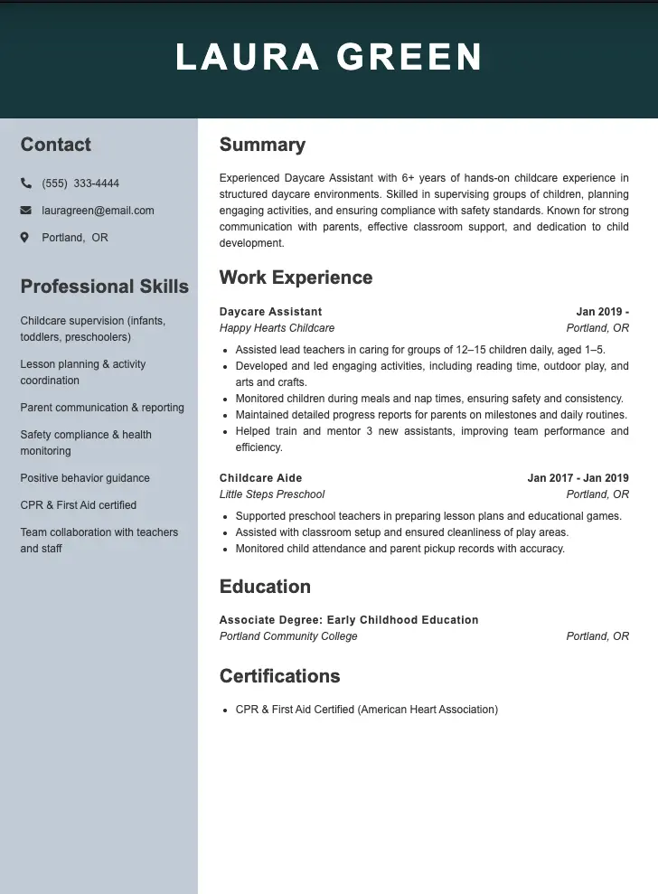 Experienced Daycare Assistant Resume Example