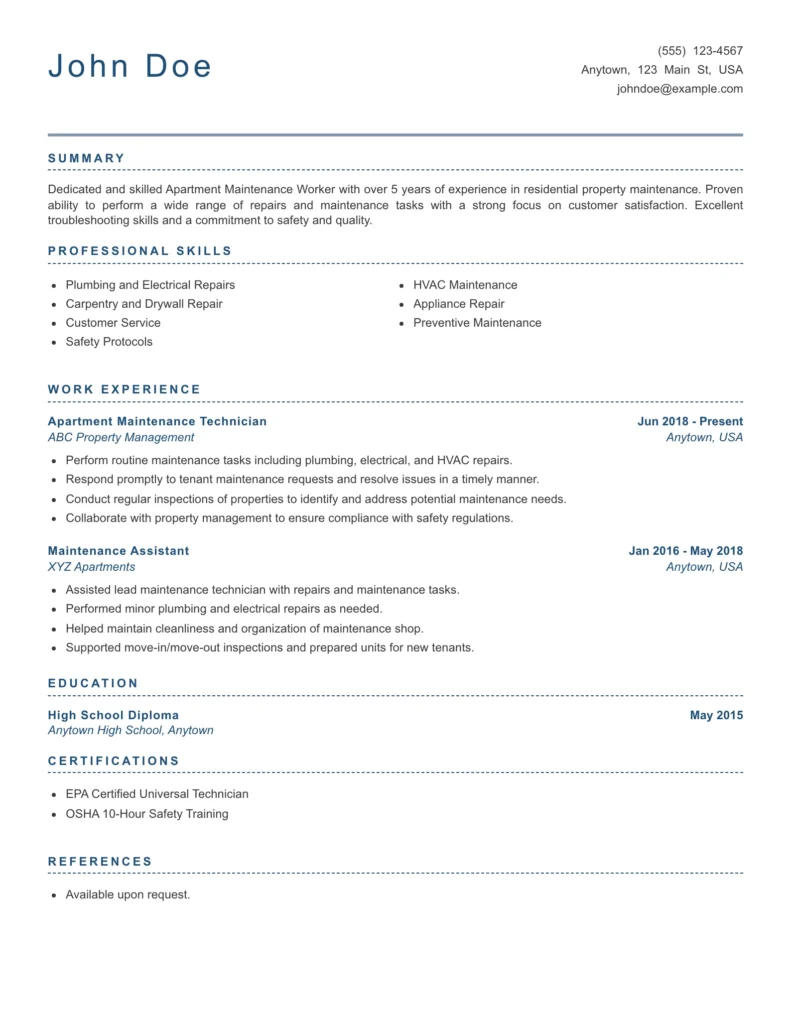 apartment maintenance worker resume