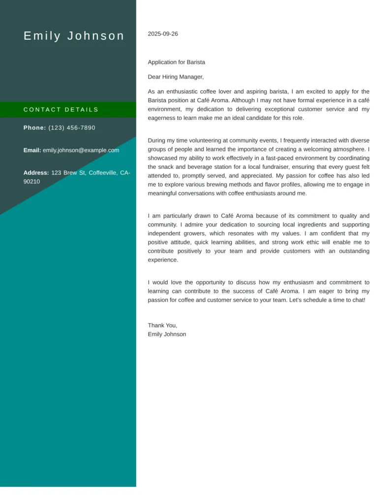 No Experience Barista Cover Letter Template