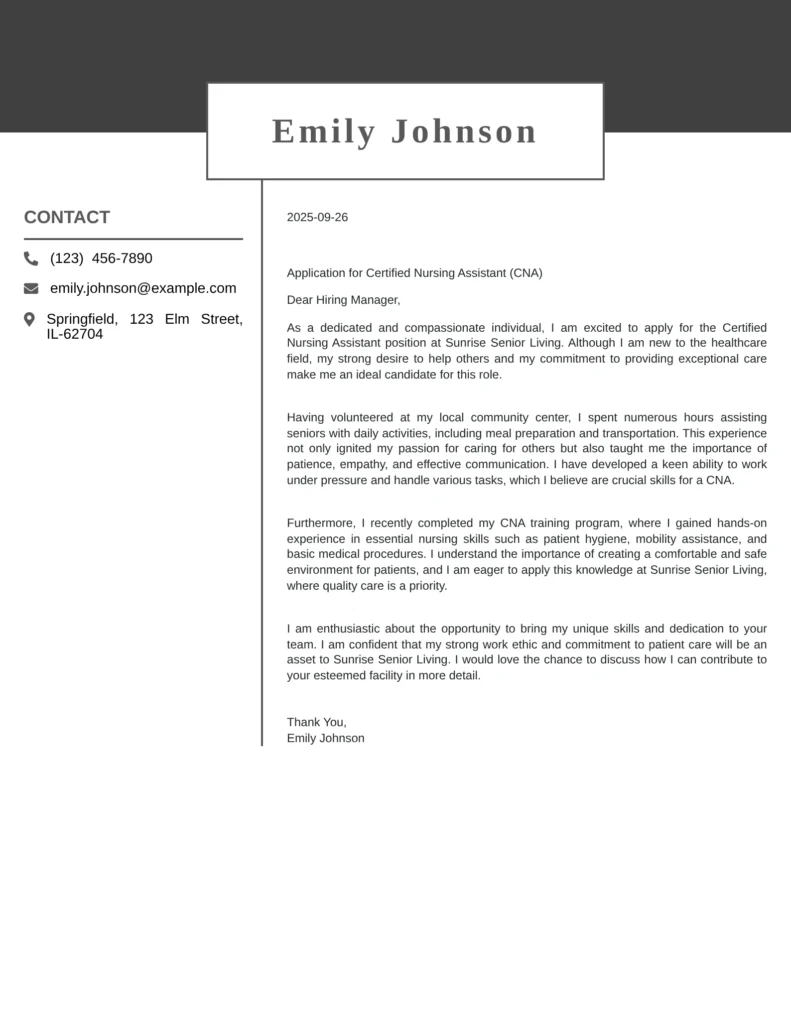 CNA Cover Letter With No Experience Template