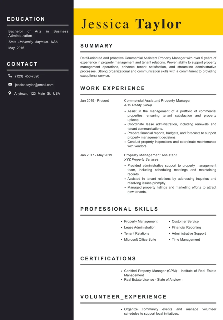 Commercial Assistant Property Manager Resume Example