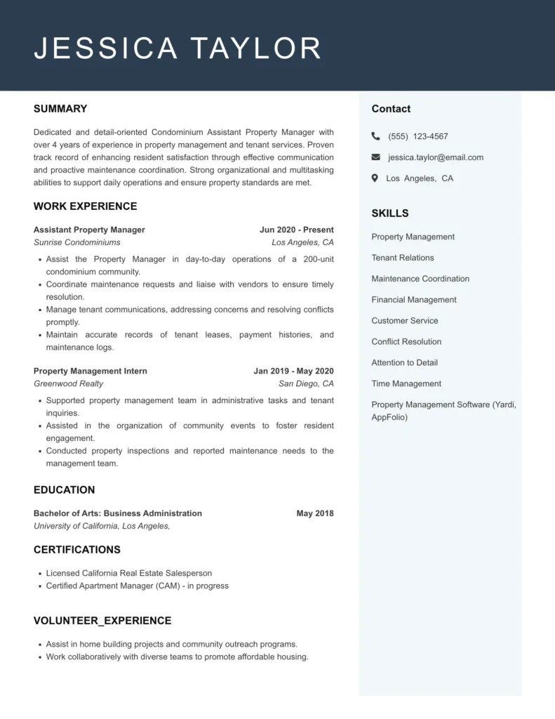 Condominium Assistant Property Manager Resume Example