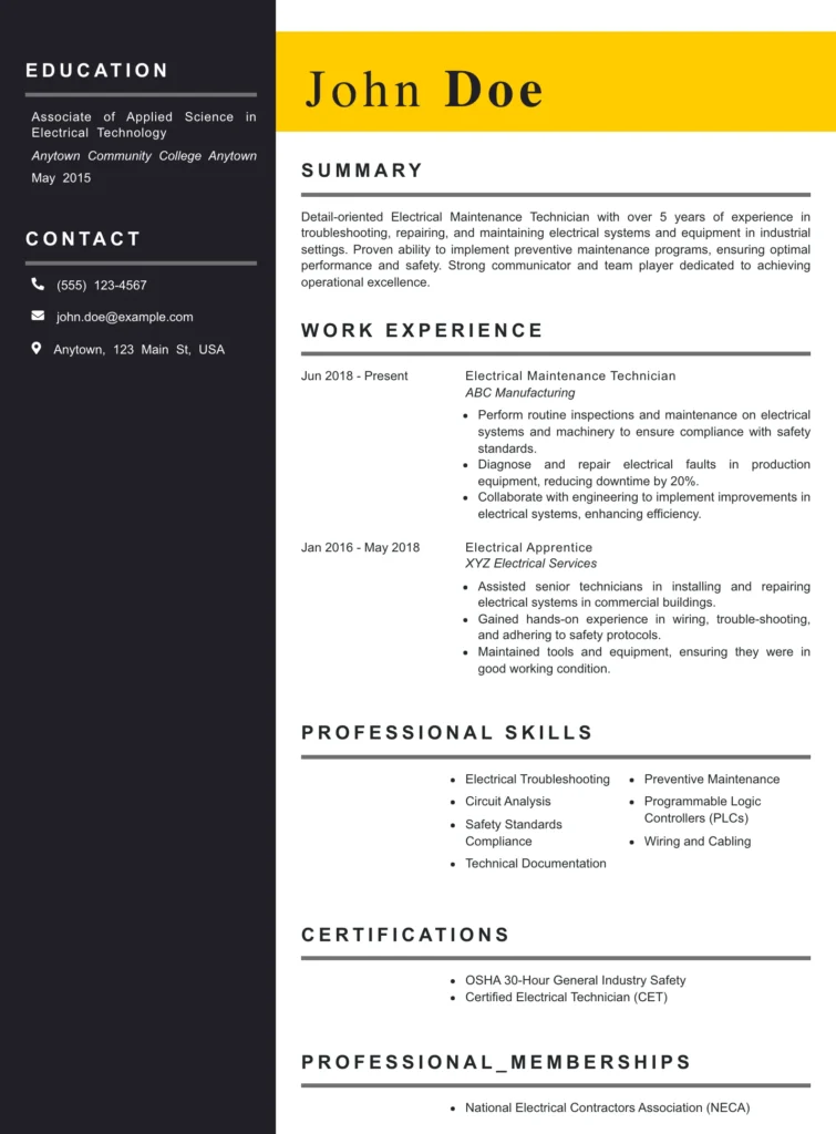 electrical maintenance technician resume example