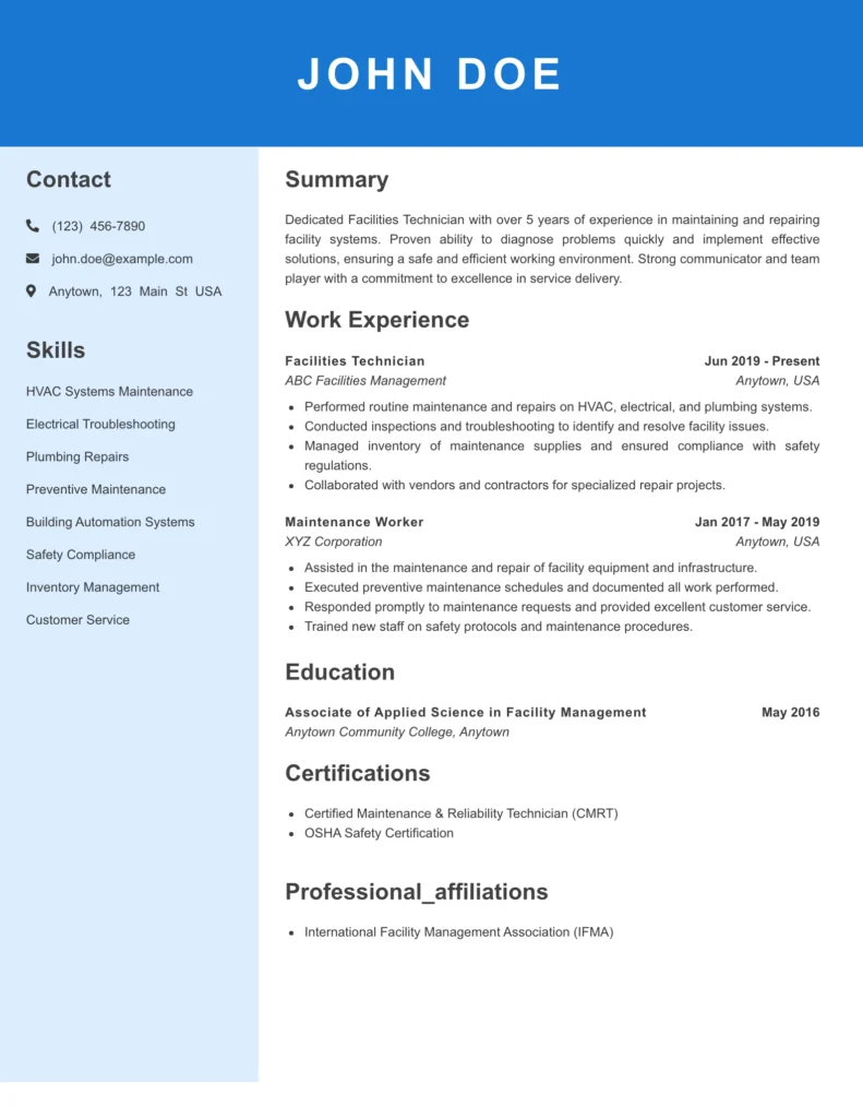 facilities technician resume example