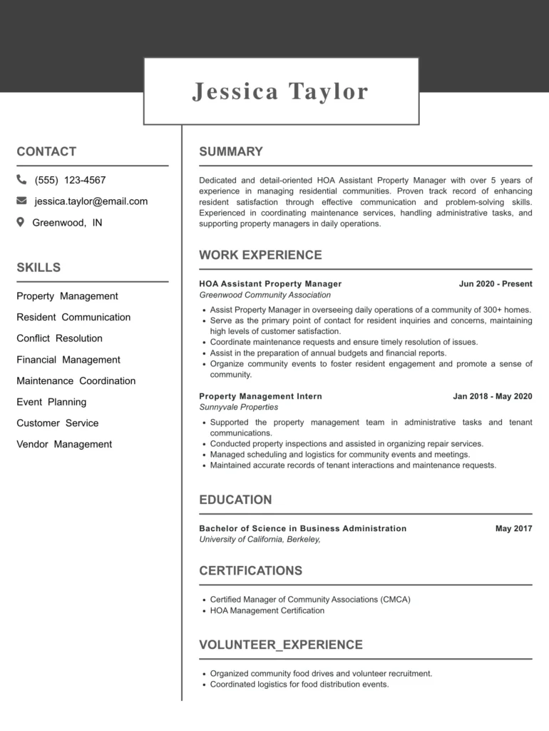 HOA Assistant Property Manager Resume Example