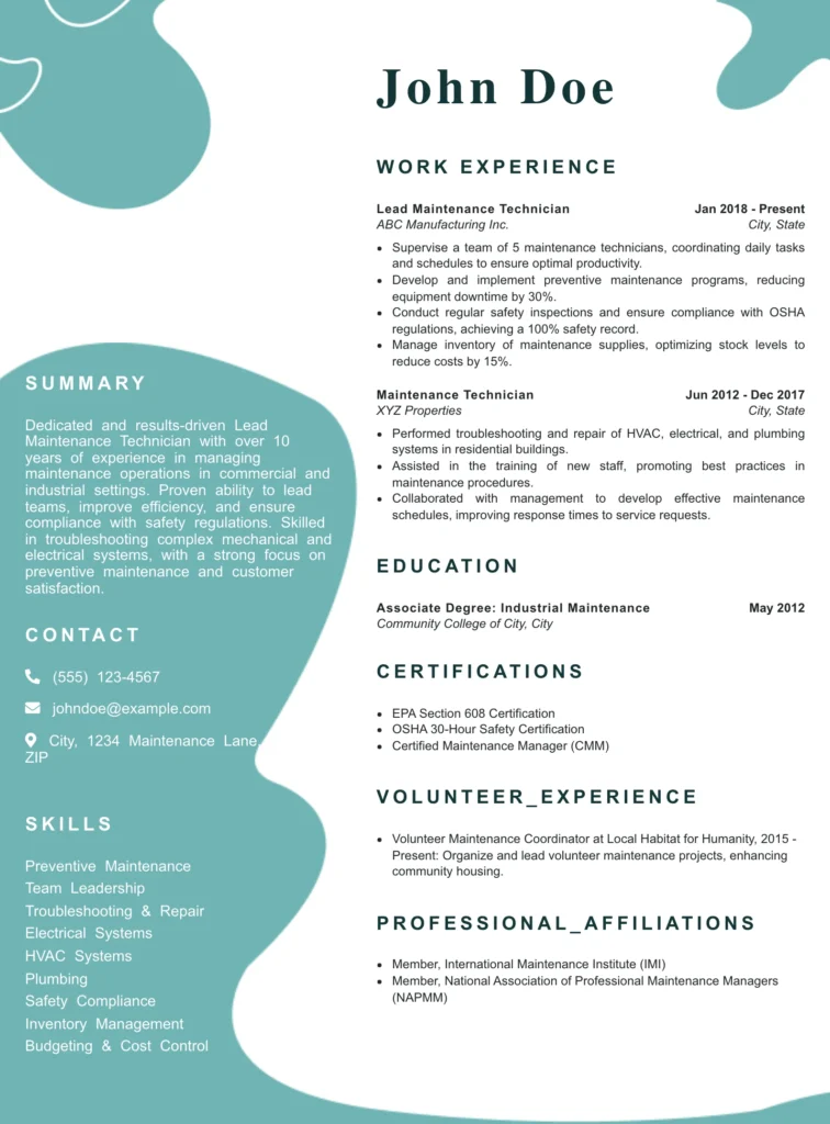 Lead Maintenance Technician Resume Example