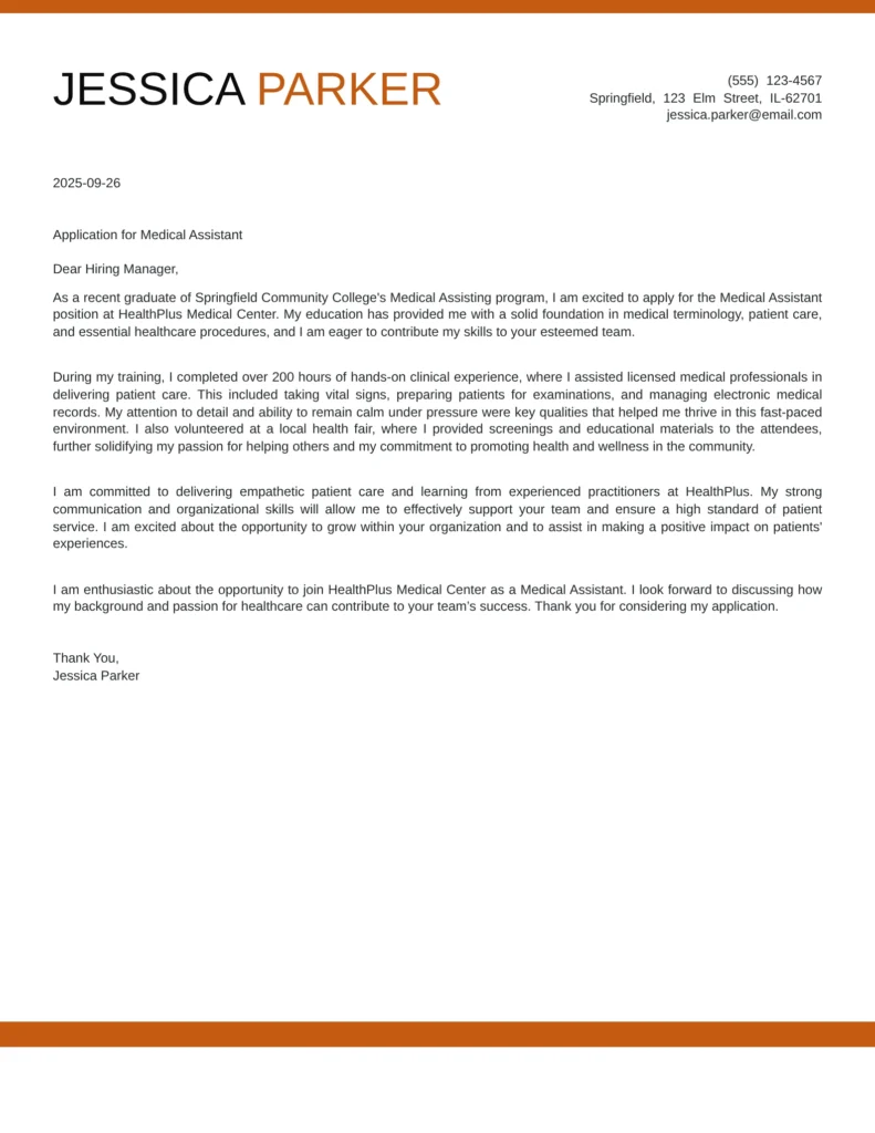Cover Letter Template For Medical Assistant With No Experience