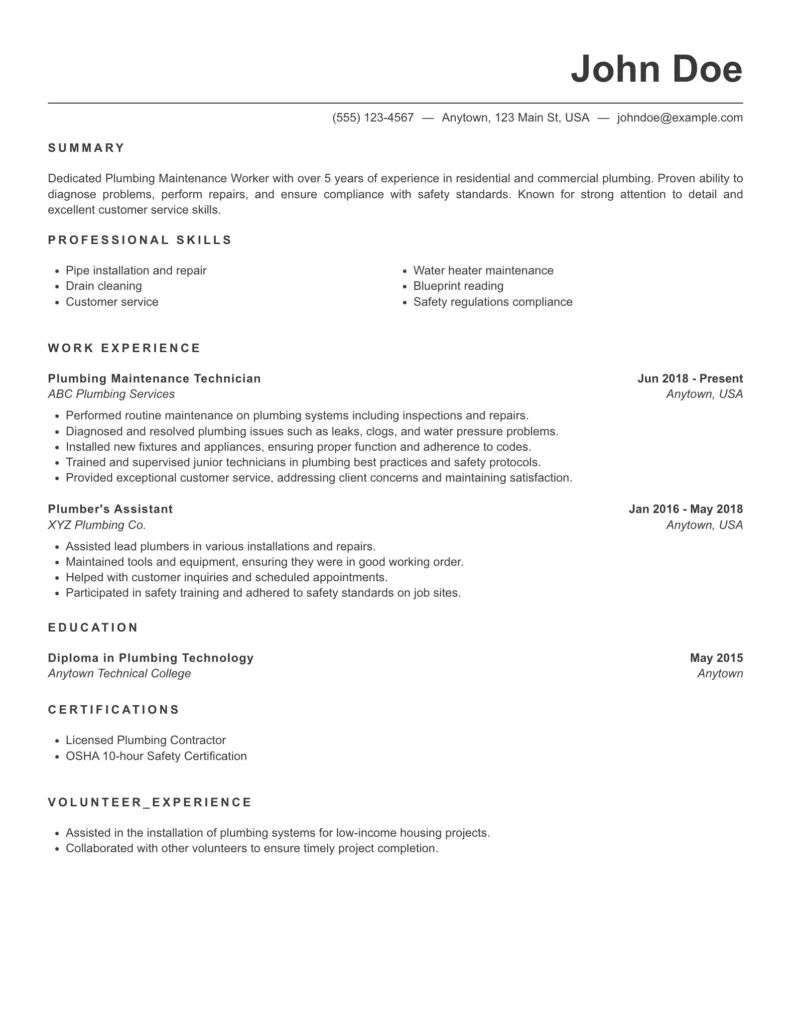 plumbing maintenance worker resume example