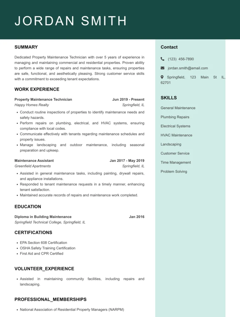 property maintenance technician Resume Example