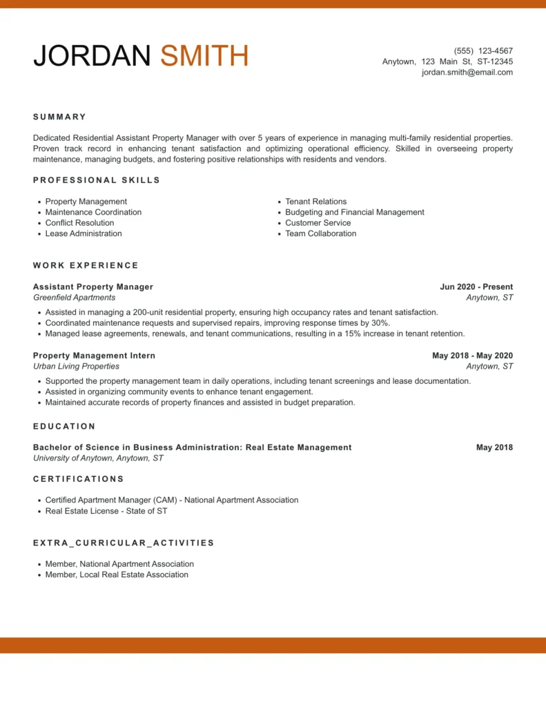 Residential Assistant Property Manager Resume
