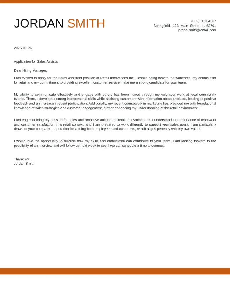 Sales assistant Cover letter With No Experience - Template