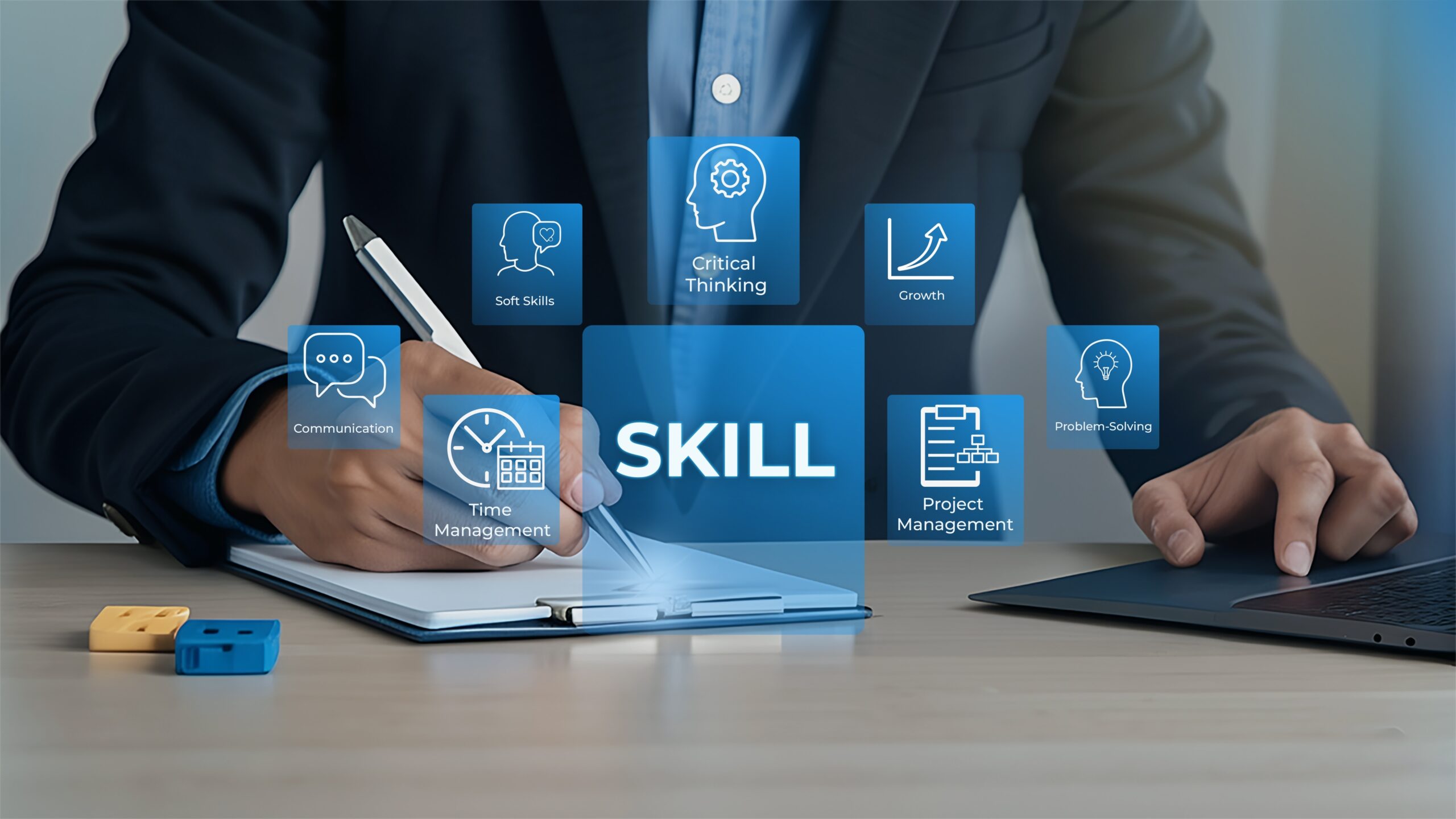 A person writing in a notebook with digital icons highlighting various professional skills such as communication, time management, soft skills, critical thinking, growth, project management, and problem-solving.