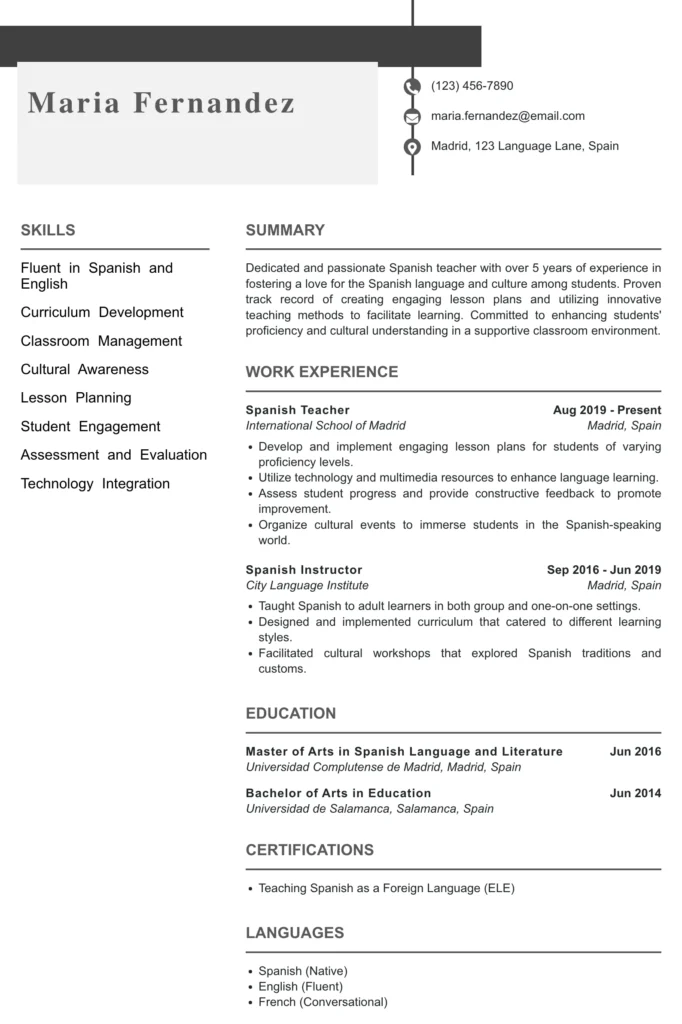 Spanish Teacher Resume Example