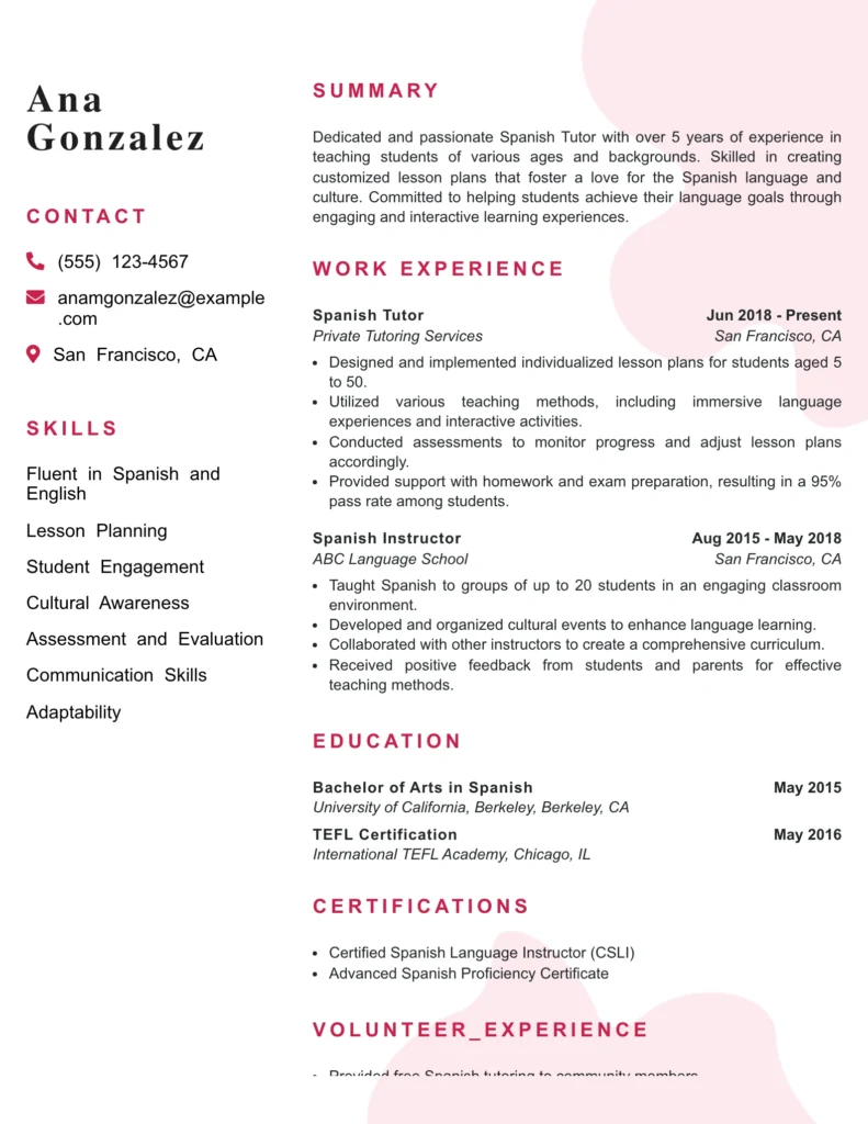 Spanish Tutor Resume Example