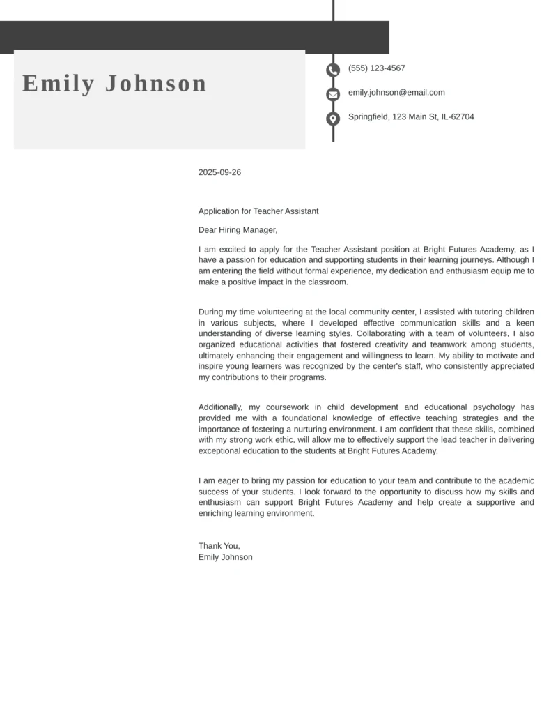 No Experience Cover Letter Template For Teacher