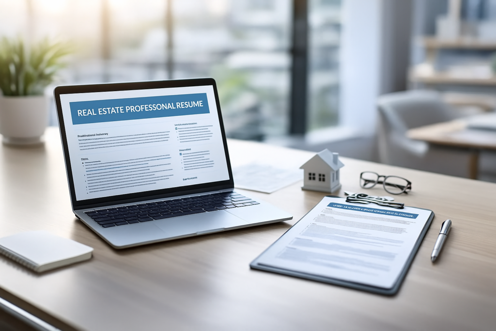 A clean workspace with a laptop displaying a real estate resume, printed resume pages on a clipboard, a miniature house model, eyeglasses, and a pen arranged neatly on a desk in a bright modern office.