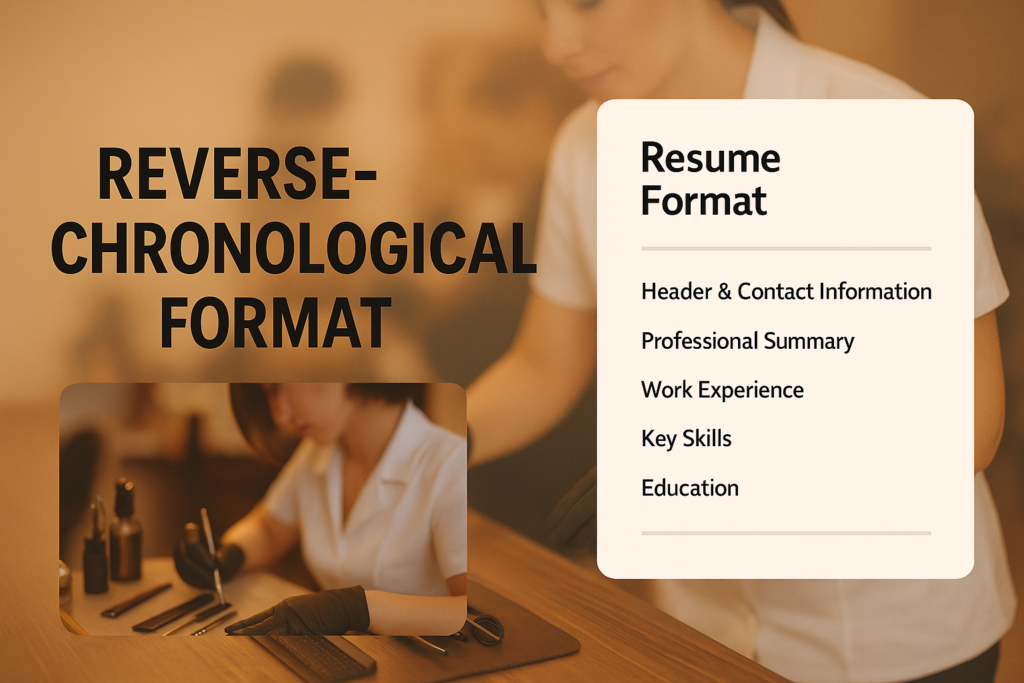 A visually appealing infographic showing the reverse-chronological cosmetology resume format, with the title on the left, a cosmetologist working in the background, and a resume template on the right listing key sections.