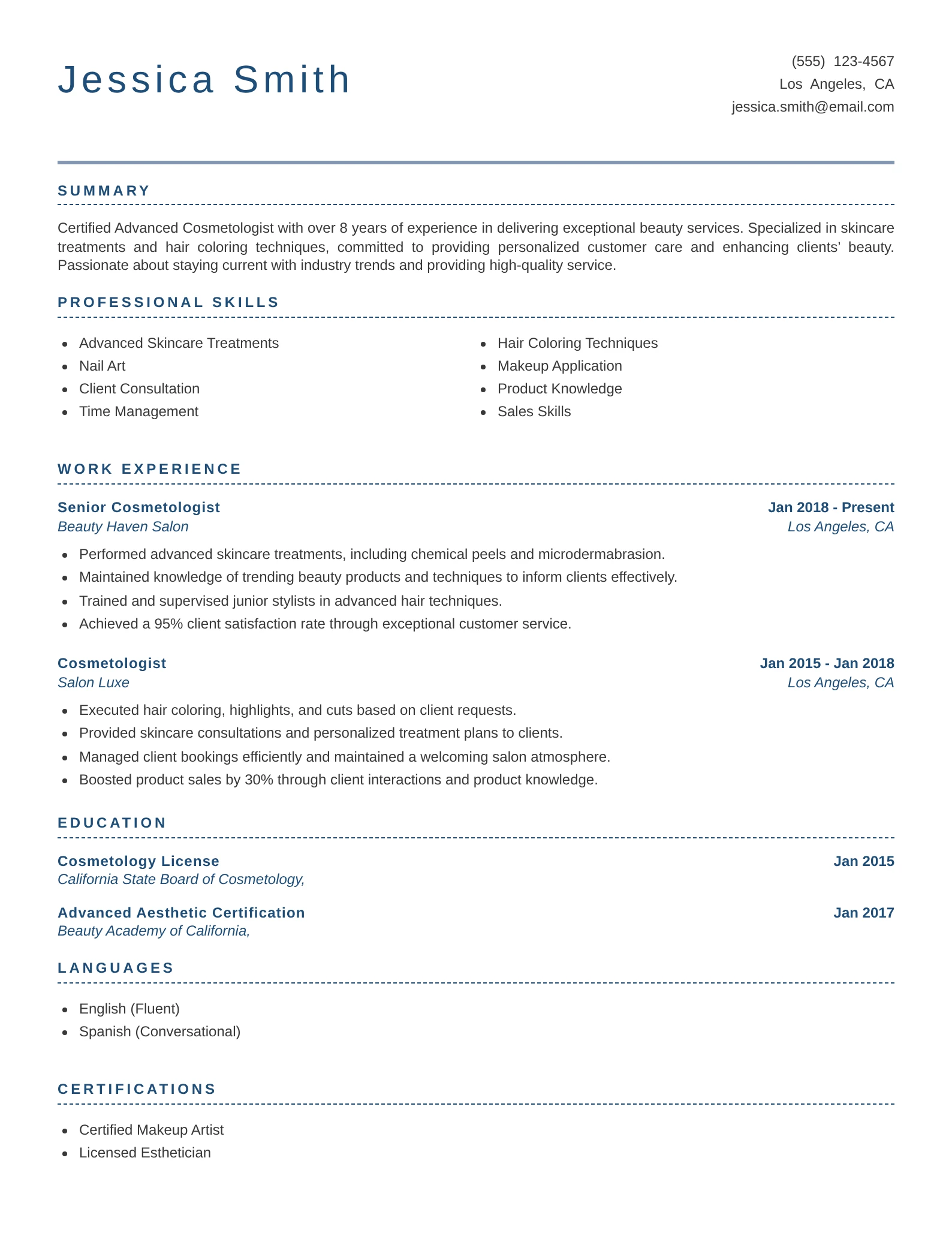 One-page resume template showing contact information, professional summary, skills, work experience, education and certifications