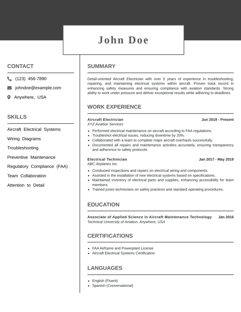 A clean, modern aircraft electrician resume layout displaying contact details, skills, summary, work experience, education, certifications, and language proficiency in a structured two-column format with a large name header at the top.