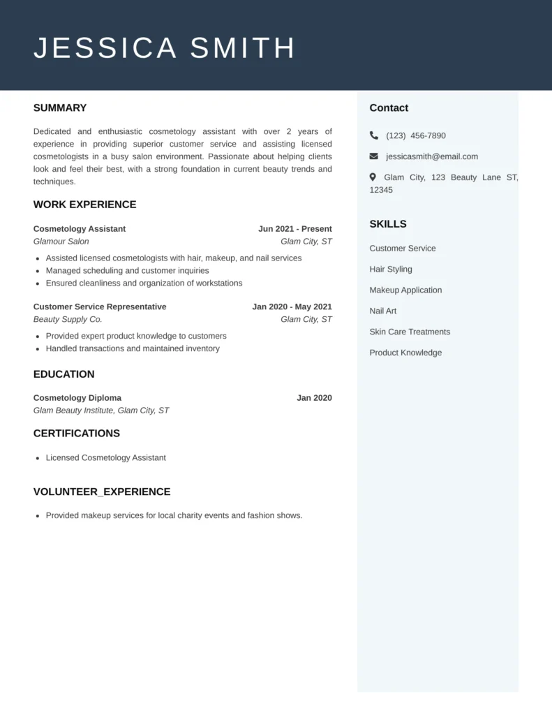A modern resume for Jessica Smith featuring her summary, work experience as a cosmetology assistant and customer service representative, education, certifications, skills, contact details, and volunteer experience.