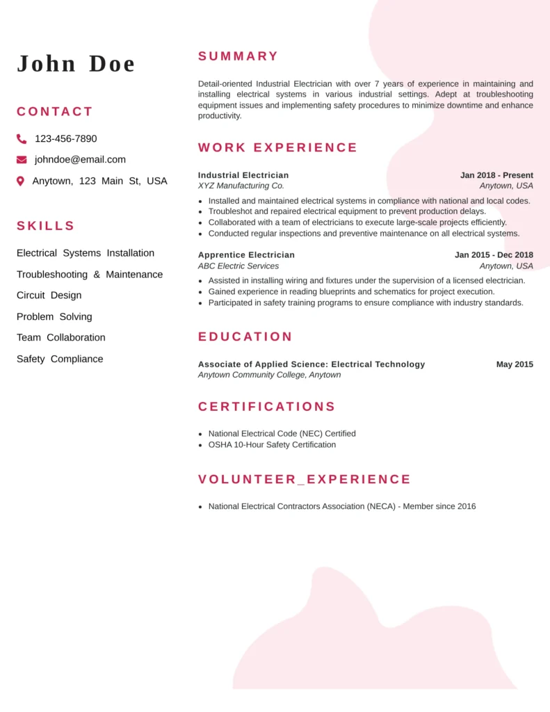 A clean, modern industrial electrician resume showcasing contact information, summary, skills, work experience, education, certifications, and volunteer experience in a structured two-column design with red accent headings.