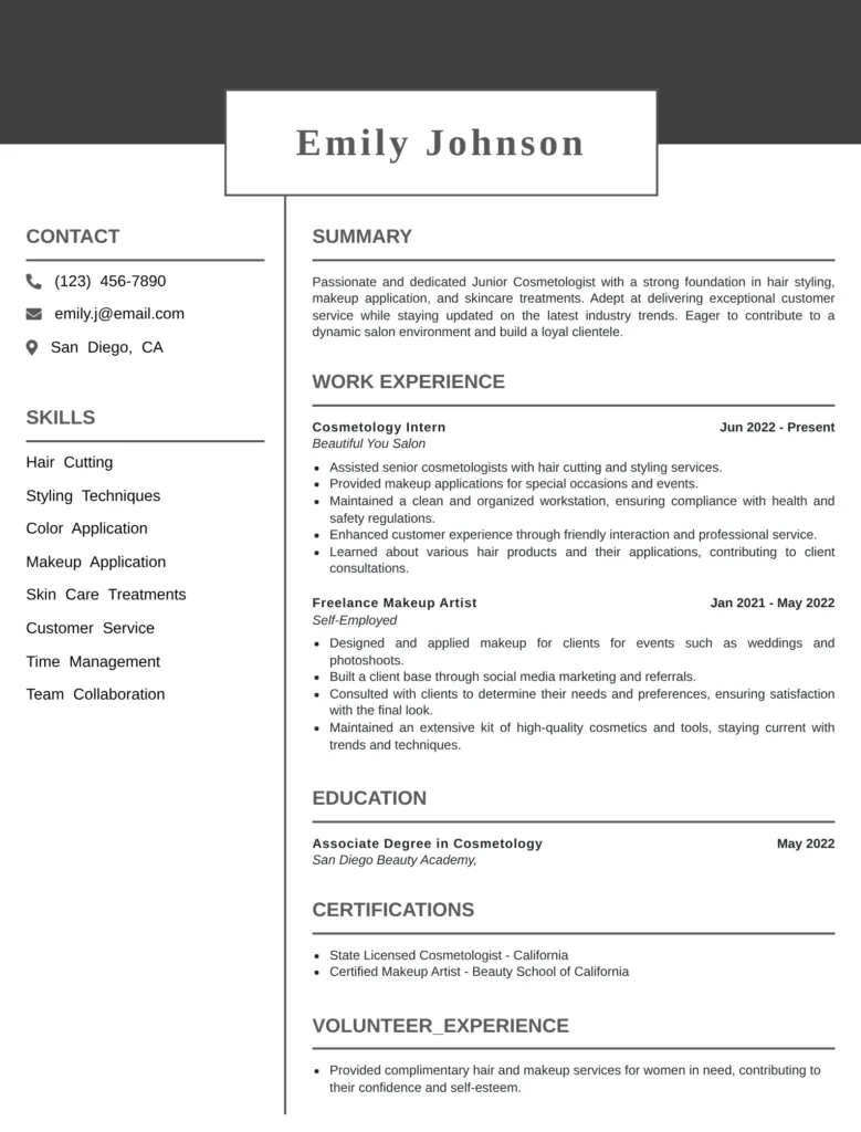A clean, modern resume for Emily Johnson showcasing her contact details, skills, summary, work experience as a cosmetology intern and freelance makeup artist, education, certifications, and volunteer experience.