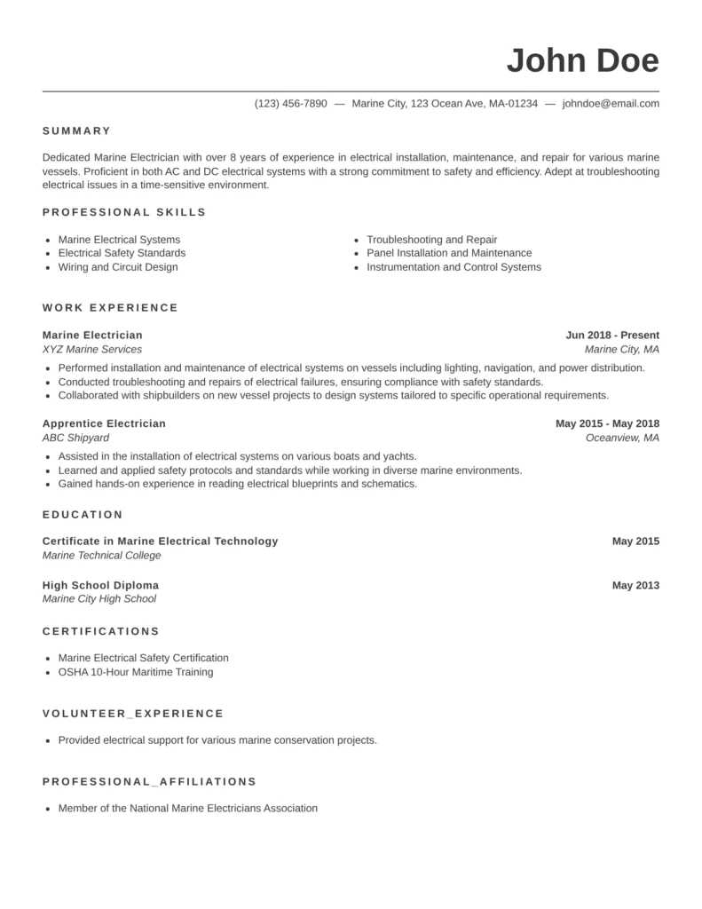 A clean, professional marine electrician resume featuring contact details, summary, skills, work experience, education, certifications, volunteer experience, and professional affiliations in a structured single-column layout.