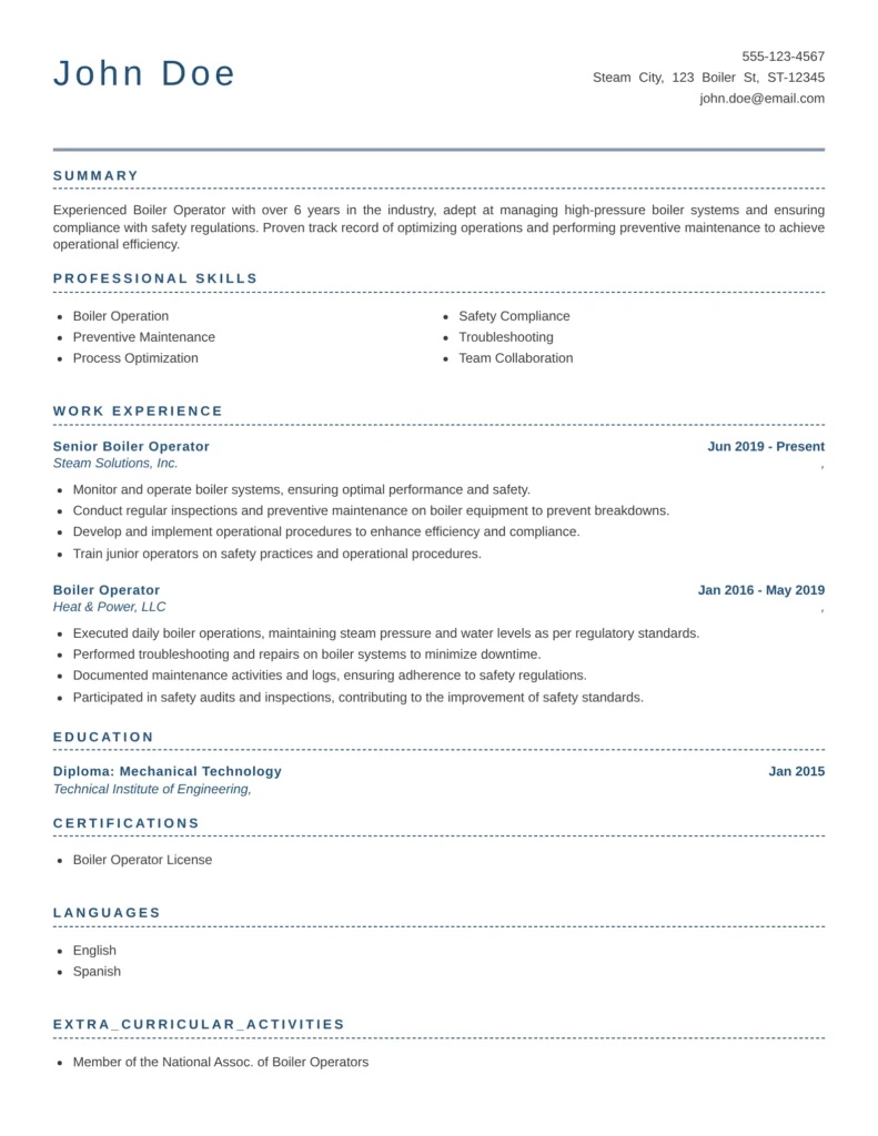HVAC technician resume example adapted for a boiler operator highlighting skills, work experience, certifications, and education