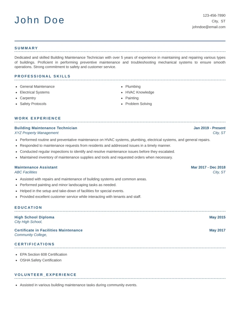 HVAC technician resume example for a building maintenance technician showcasing skills, work experience, education, and certifications