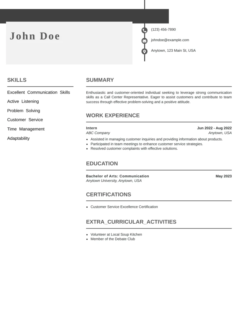 Call center representative fresher resume for John Doe showing skills, summary, work experience, education, certifications, and extracurricular activities in a clean black-and-white layout.