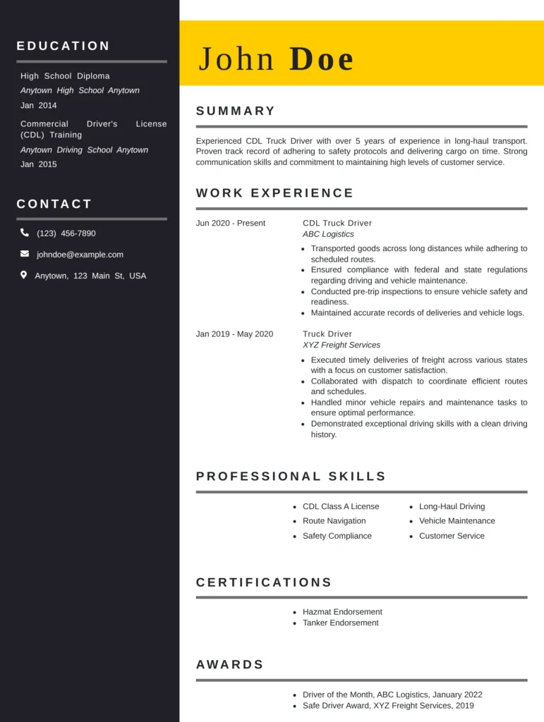 CDL truck driver resume example showing professional summary, work experience, CDL Class A skills, education, certifications, and awards in an ATS-friendly layout.