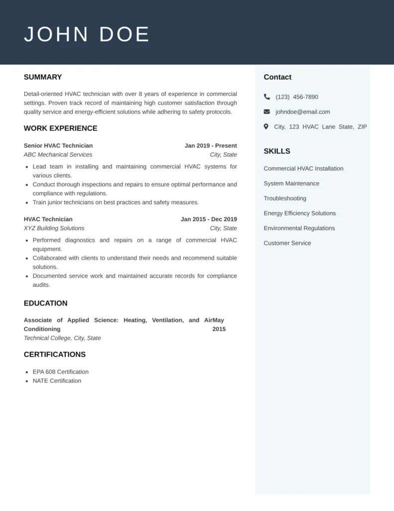 Senior HVAC technician resume example with a modern two-column layout highlighting commercial experience, skills, and certifications