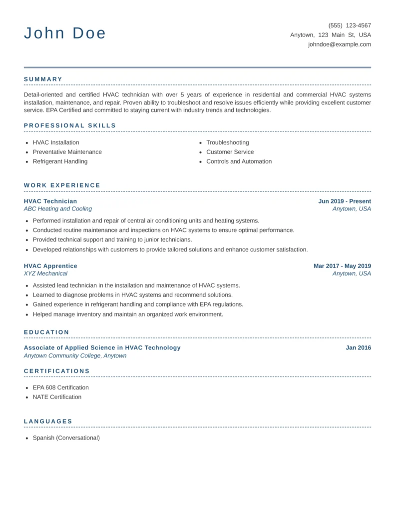 HVAC technician resume with a professional blue-accent layout highlighting skills, work experience, certifications, and education