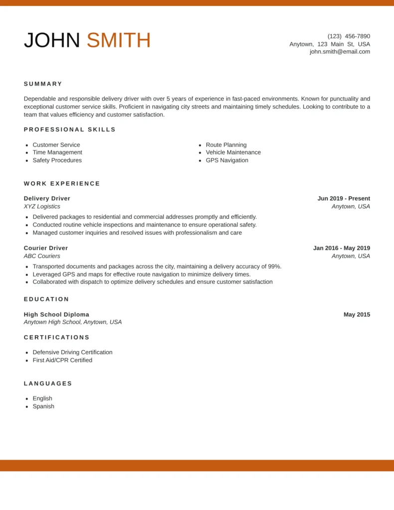 Delivery driver resume example showing professional summary, route planning skills, work experience, education, certifications, and languages in an ATS-friendly format.