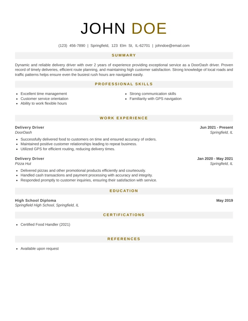 Doordash delivery driver resume sample showing summary, skills, work experience, education, and certifications in a clean, ATS-friendly format.