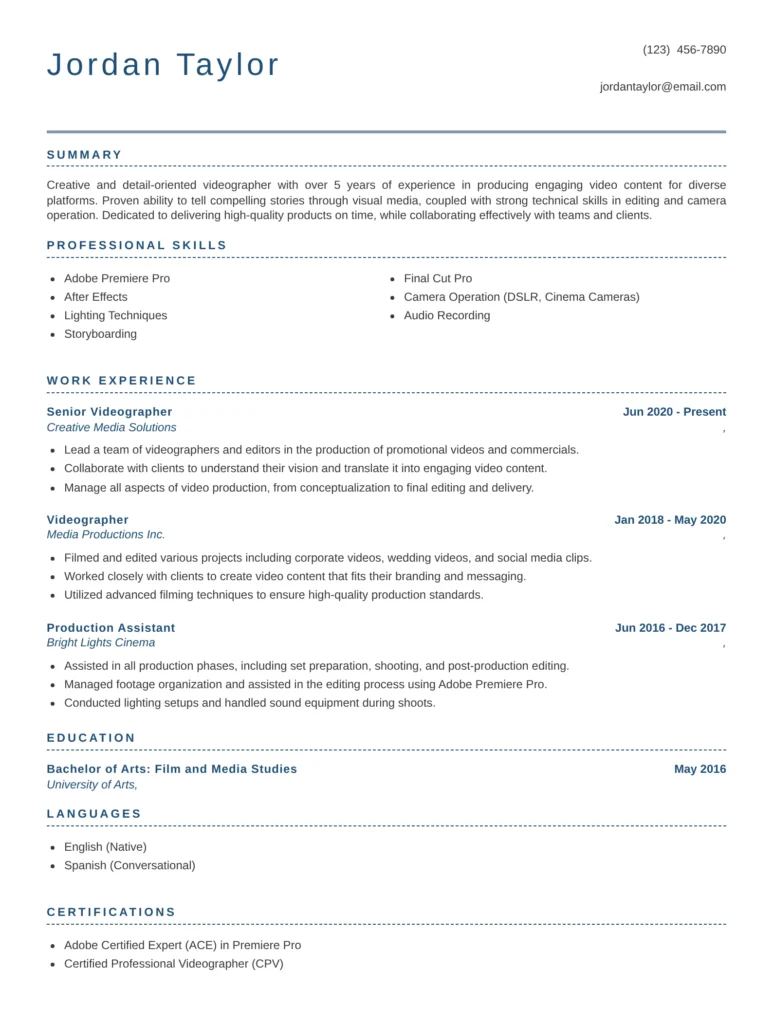 A clean, modern resume for Jordan Taylor highlighting skills in video production, editing, camera operation, and professional experience as a videographer and senior videographer.
