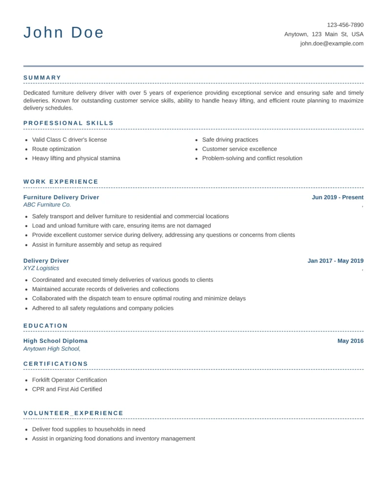 Furniture delivery driver resume sample highlighting route optimization, safe driving practices, heavy lifting skills, and customer service experience.