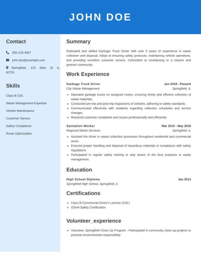 Garbage truck driver resume example showing Class B CDL skills, waste management experience, work history, education, certifications, and volunteer experience in an ATS-friendly format.