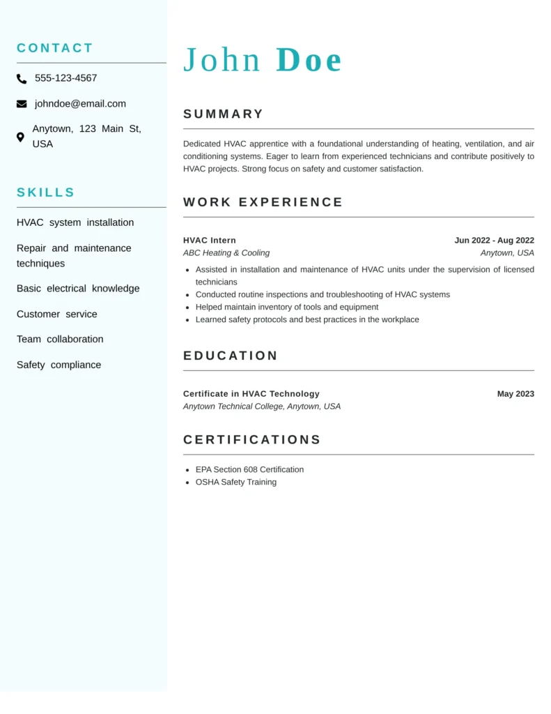HVAC technician resume for an entry-level apprentice showcasing skills, internship experience, education, and certifications