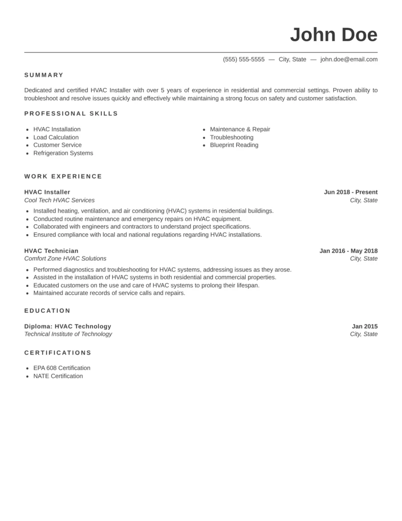 HVAC technician resume example featuring a clean single-column layout with skills, work experience, certifications, and education
