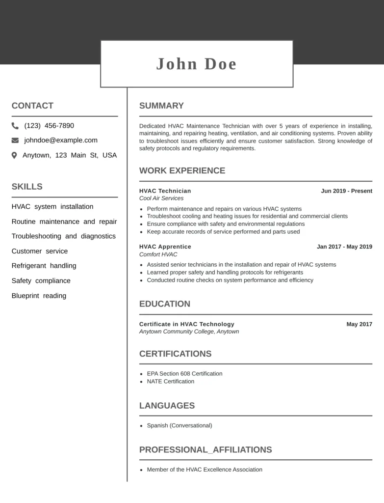 HVAC technician resume example showing a clean professional layout with skills, work experience, certifications, and education sections