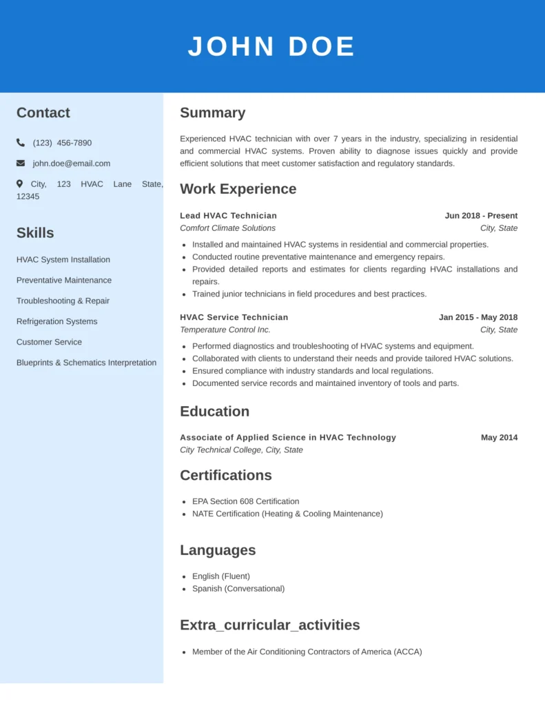 HVAC technician resume with a modern blue header and two-column layout highlighting skills, work experience, and certifications